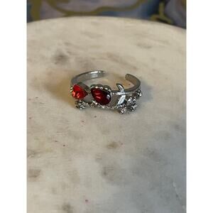 Silver Floral Ring with Red Teardrop heart Stones - Women Jewelry adjustable